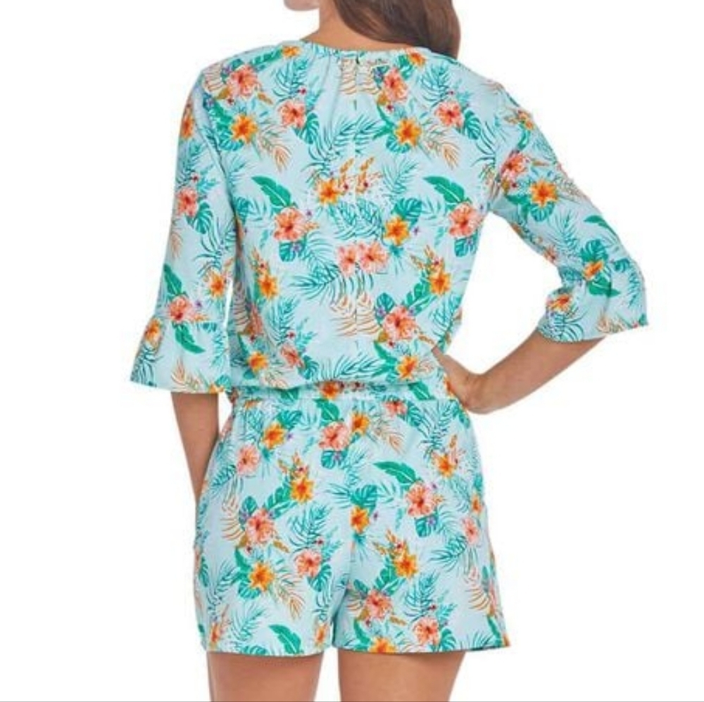 CABANA LIFE Floral/Cayman-Ruffle 3/4 Sleeves-Pockets-Tassels V Neck- UPF50+ - Picture 6 of 12